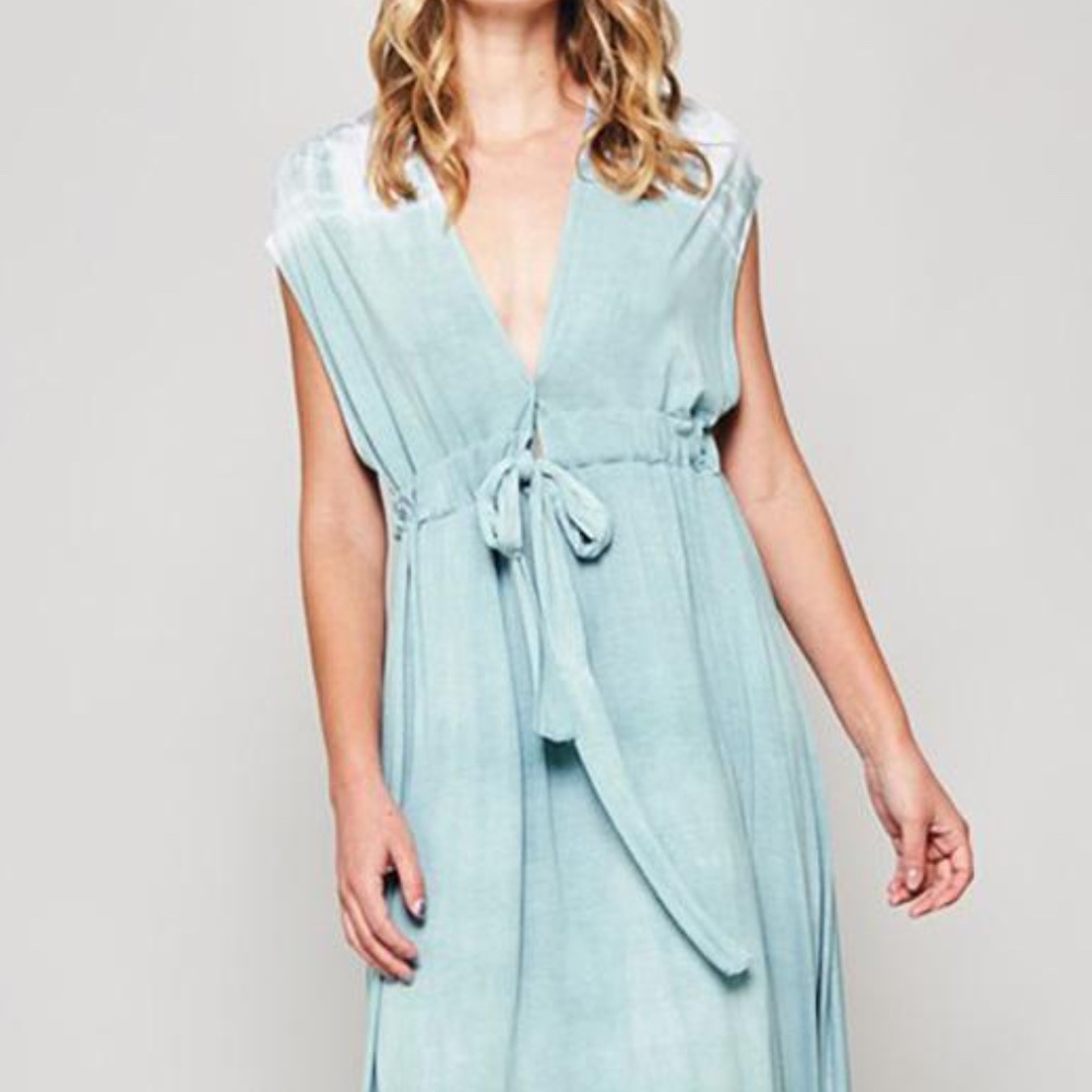 #53 Boho Tie Dye Teal V neck Sleeveless Maxi Dress - Picture 3 of 3